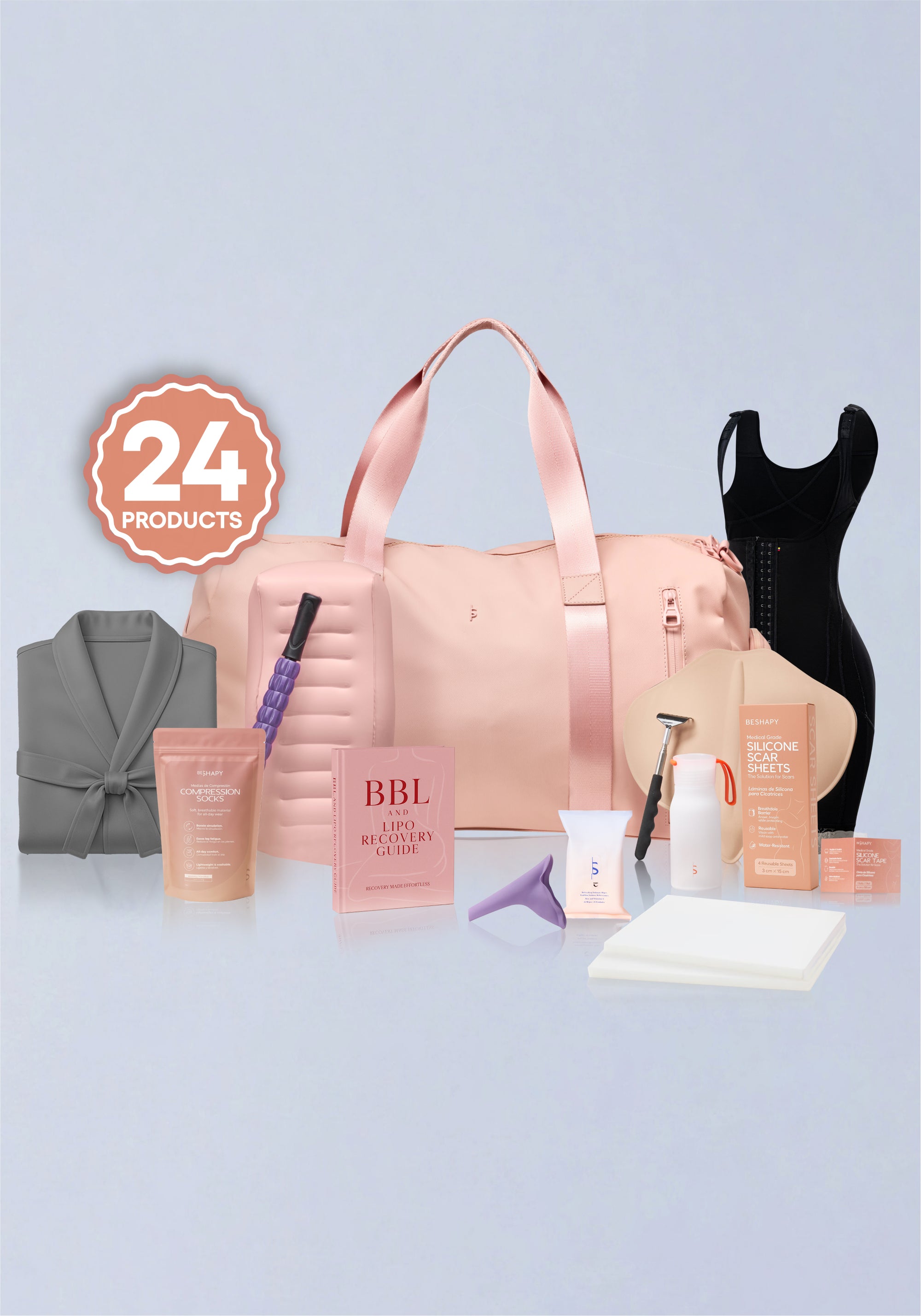 Collection of beauty products including a robe, bottles, and a bag on a light blue background.