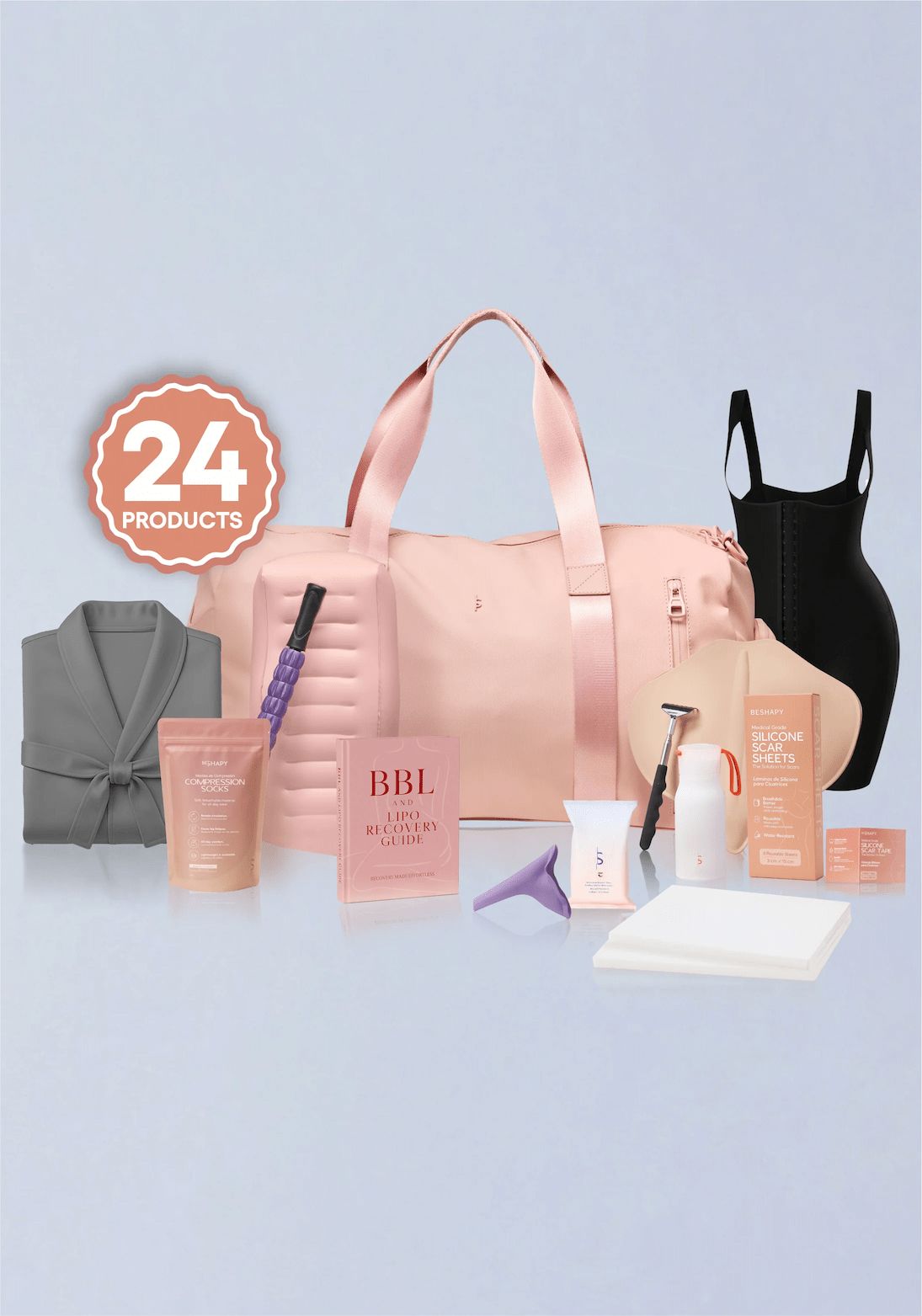 Collection of beauty and wellness products including a pink bag, robe, and various items on a light blue background.
