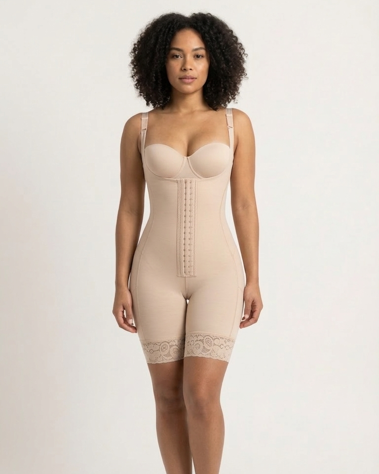 Woman wearing a beige shapewear garment on a white background