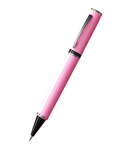 Pink pen with black accents on a white background